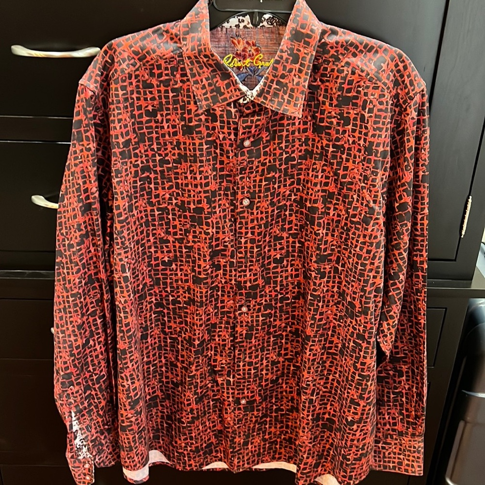 Robert Graham 2XL mens long sleeve shirt red/black. Collar/cuff detail